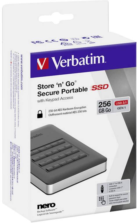 Verpackung einer Verbatim Store 'n' Go Secure Portable SSD mit Tastenfeld. 256 GB Speicher, USB 3.1 Anschluss. Verschlüsselung: AES 256 Bit.