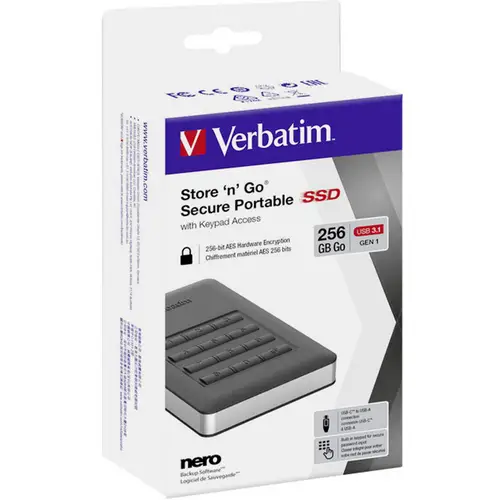 Verbatim Store 'n' Go Secure Portable SSD 256GB Externe SSD USB-A (USB 3.2 Gen 2) Schwarz 53402 Verbatim Store 'n' Go Secure Portable SSD 256GB Externe SSD USB-A (USB 3.2 Gen 2) Schwarz 53402