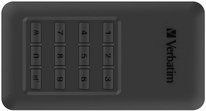 Externe Festplatte mit Zahlenschloss und Logo. Tastatur mit Zahlen 0 bis 9 für Sicherheitseinstellungen.