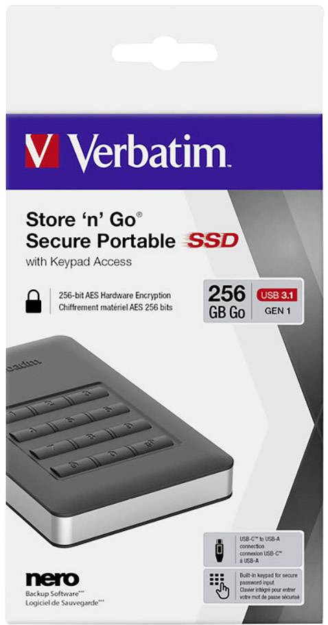'Verbatim Store 'n' Go Secure Portable SSD' mit 256 GB, USB 3.1 Gen 1 und 256-bit AES-Hardware-Verschlüsselung. Enthält Nummernfeld.