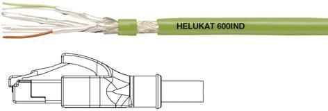 Grünes Ethernet-Kabel mit Beschriftung 'HELUKAT 600IND' und Zeichnung eines Steckers. Hauptanwendung: industrielle Vernetzung.
