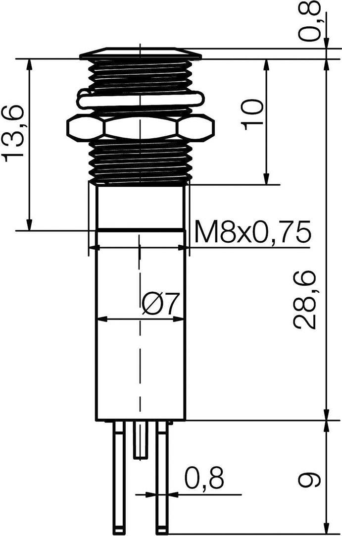 Technische Zeichnung eines Steckverbinders mit Maßen: Länge 28,6 mm, Gewinde M8x0,75, Durchmesser 7 mm, Gesamtlänge 52,2 mm.