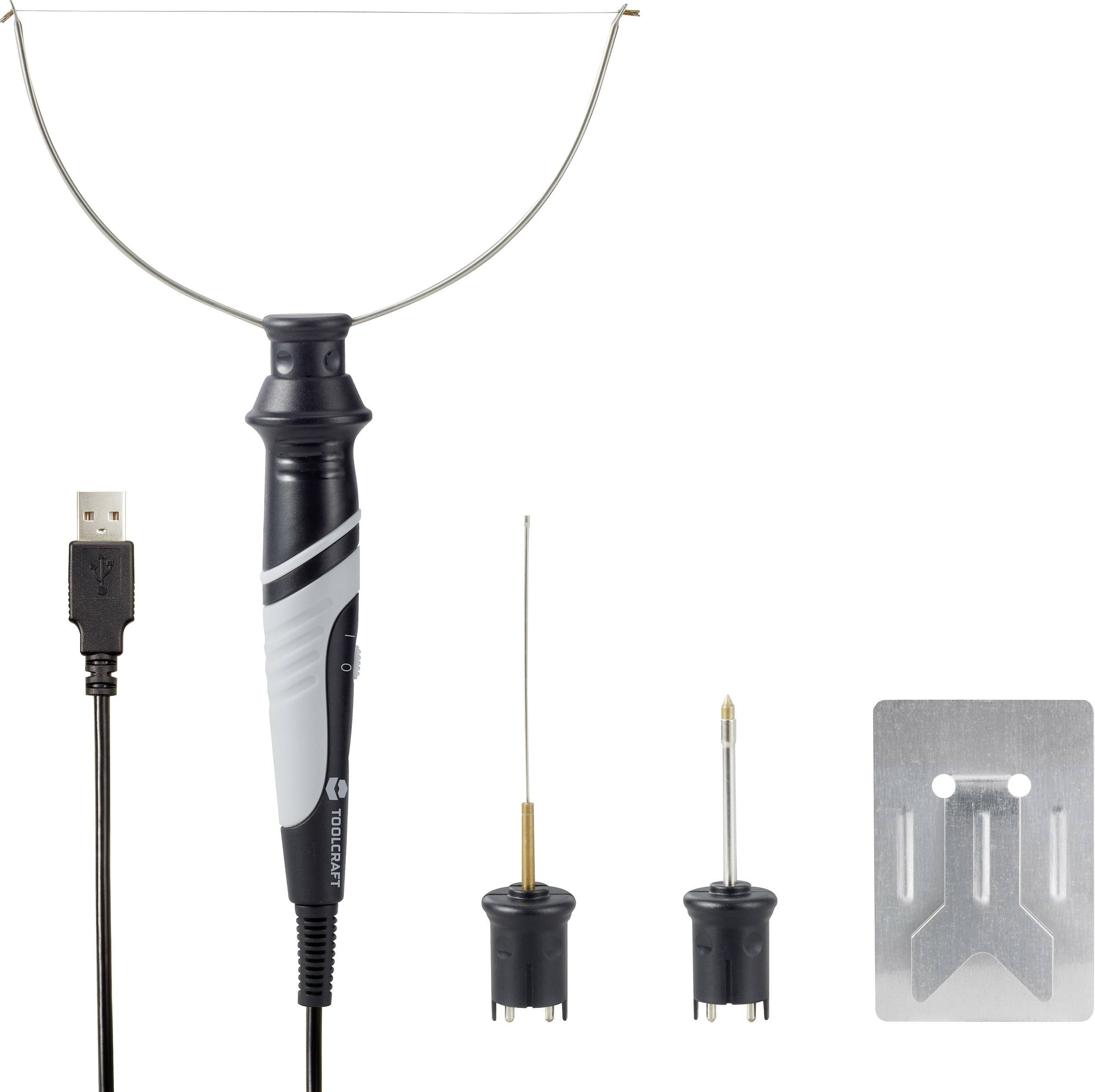 Das Bild zeigt ein Set von Werkzeugen zur Entfernung von Windschutzscheiben. Enthalten sind ein USB-Kabel, eine Halterung und verschiedene Spitzen.