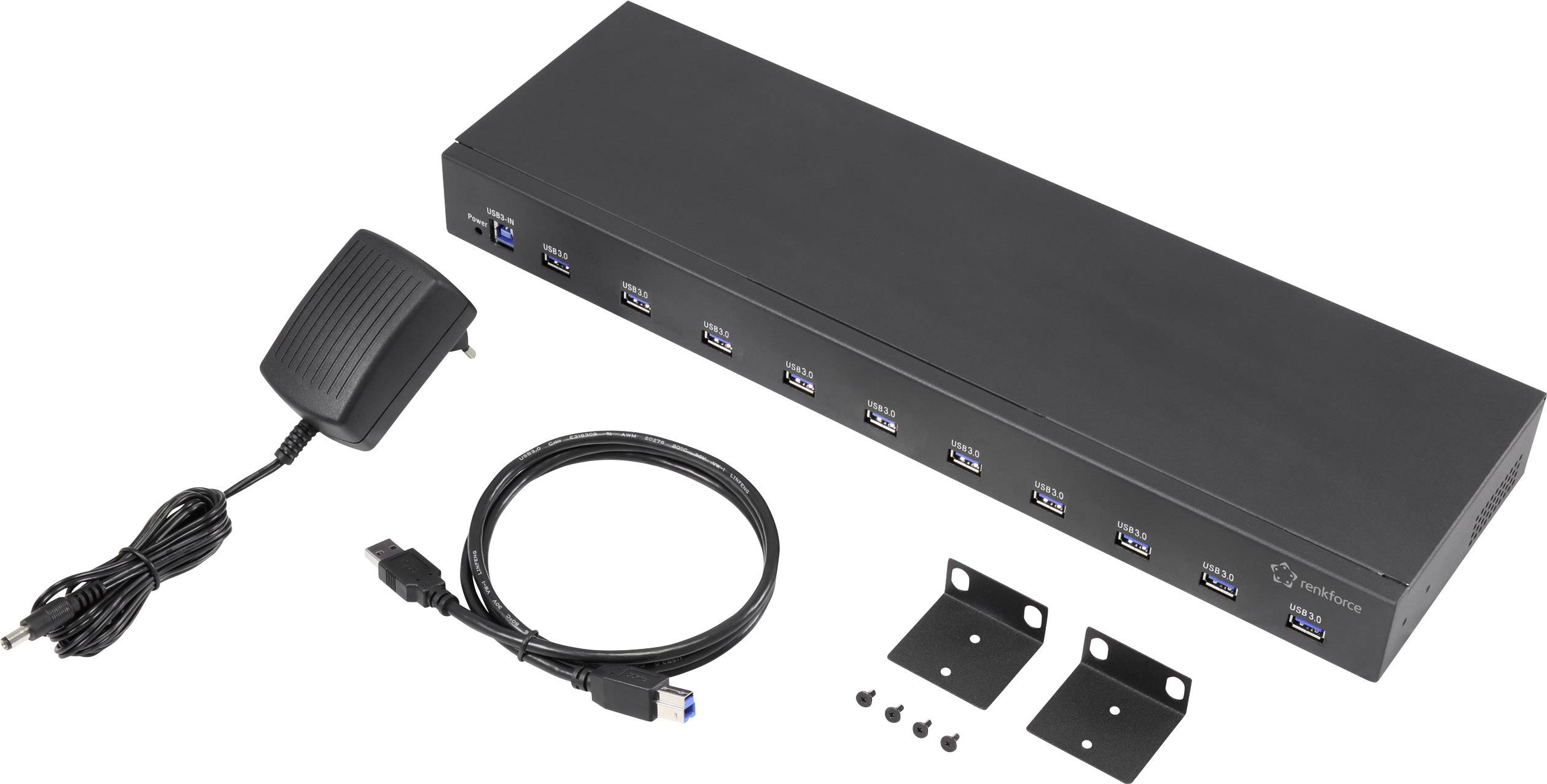 Renkforce RF-19"-USB3-10 10 Port USB 3.0-Hub für industrielle Anwendungen, Metallgehäuse Schwarz