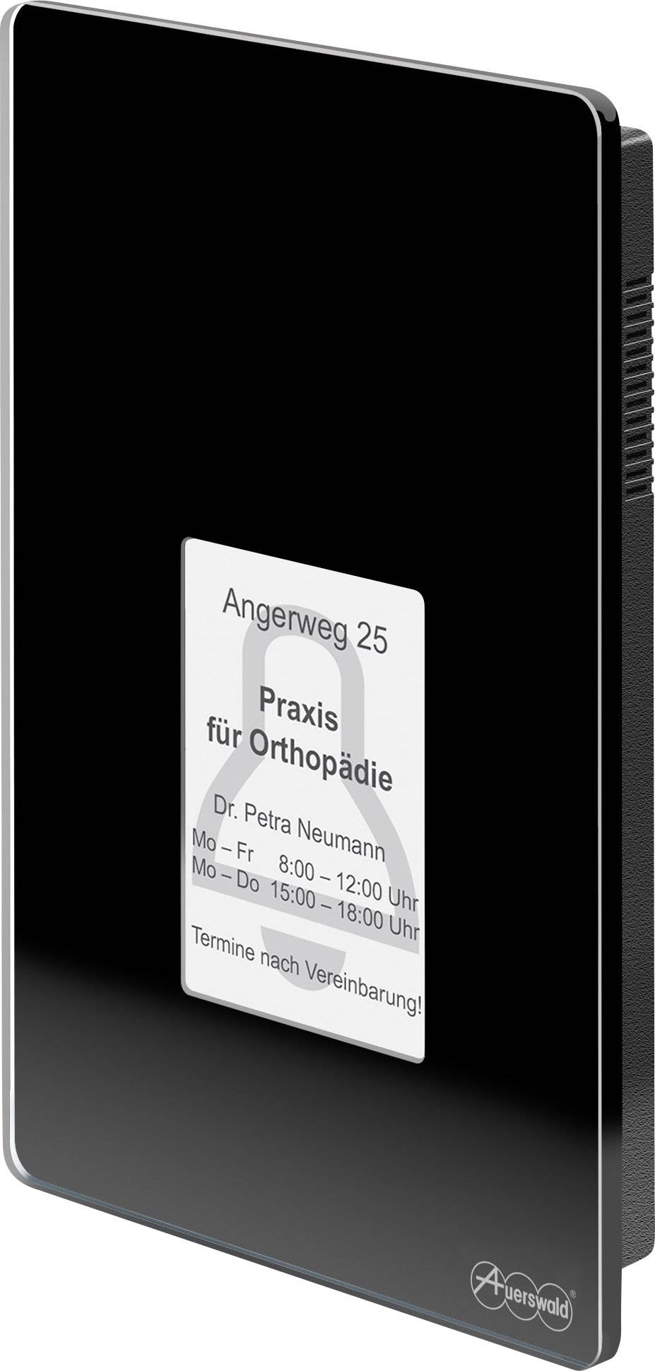 Schild mit der Aufschrift 'Praxis für Orthopädie, Angenweg 25, Dr. Petra Neumann. Mo-Fr 8-12 Uhr, Mo-Do 15-18 Uhr, Termine nach Vereinbarung'.
