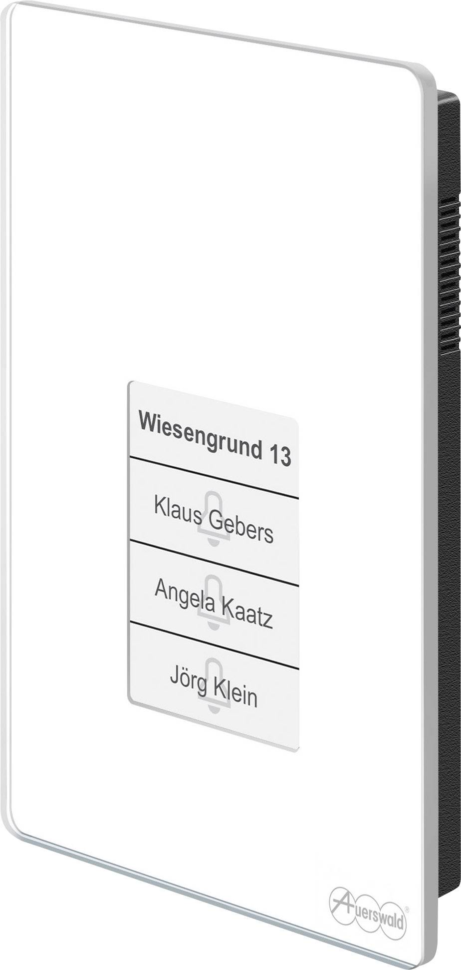 Türsprechanlage mit drei Klingelschildern: 'Klaus Gebers', 'Angela Kaatz', 'Jörg Klein', oben Adresse 'Wiesengrund 13'.