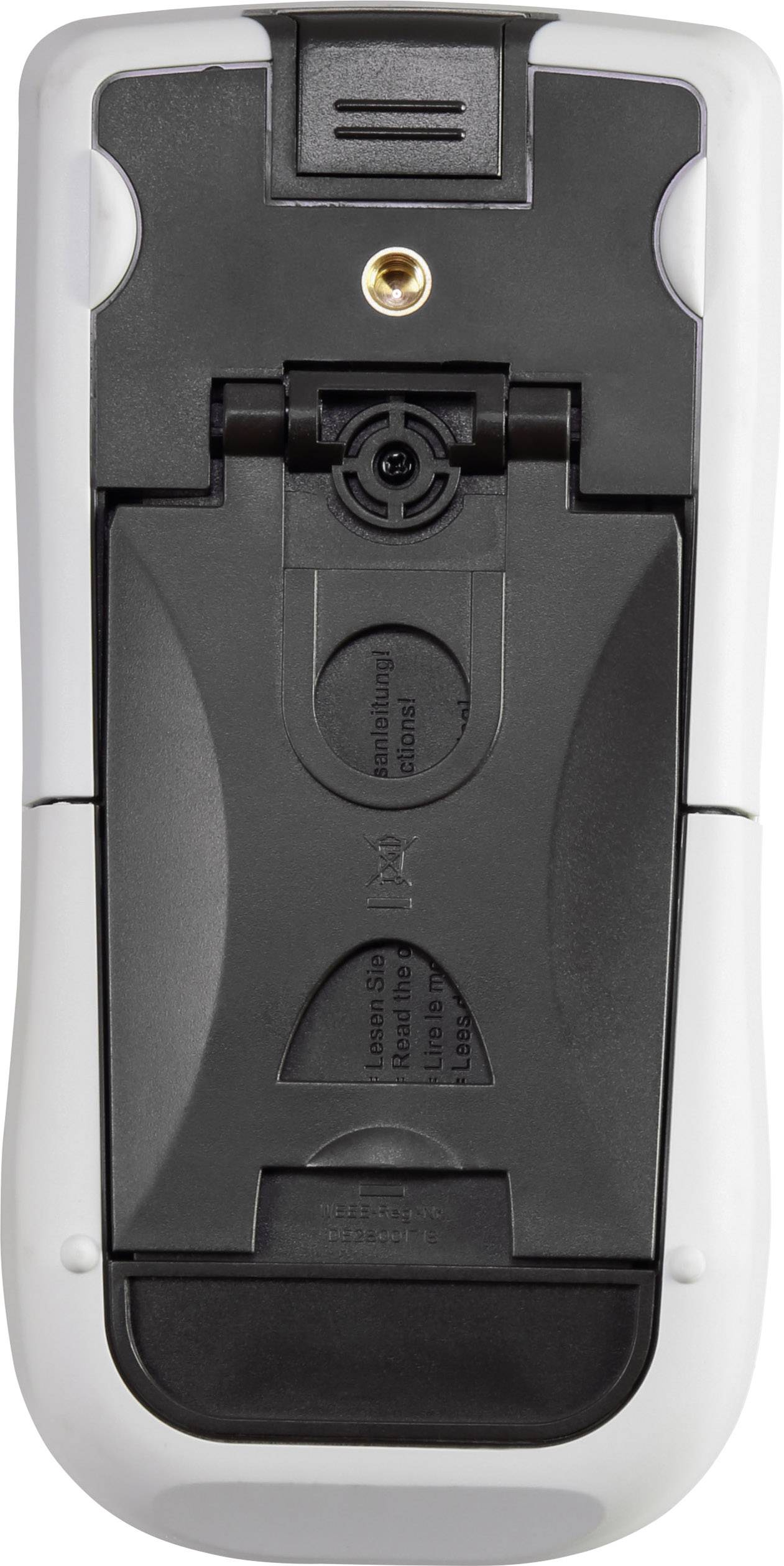 Die Rückseite einer Fernbedienung mit Batteriefach und Anschluss für eine Antenne oder ein anderes Gerät.