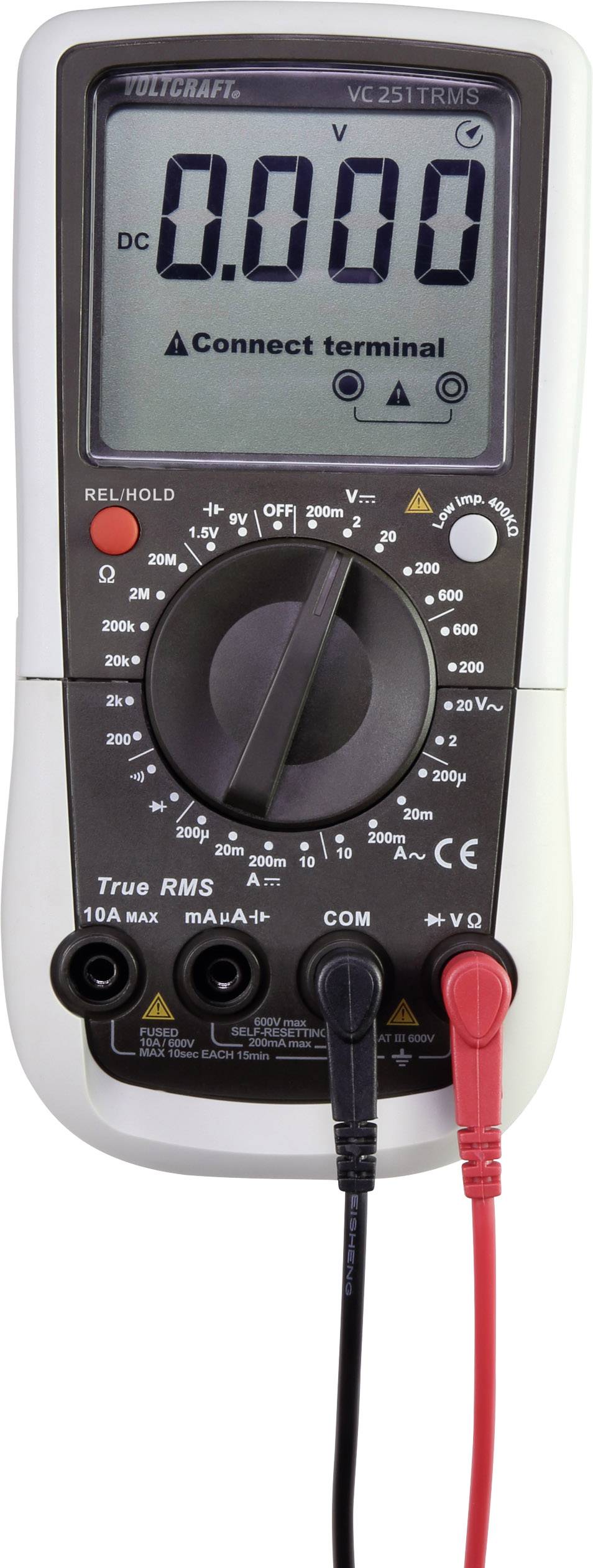 Ein digitales Multimeter zeigt '0.000' Volt auf dem Display an. Messkabel sind angeschlossen. Es ist im Spannungsmessmodus.