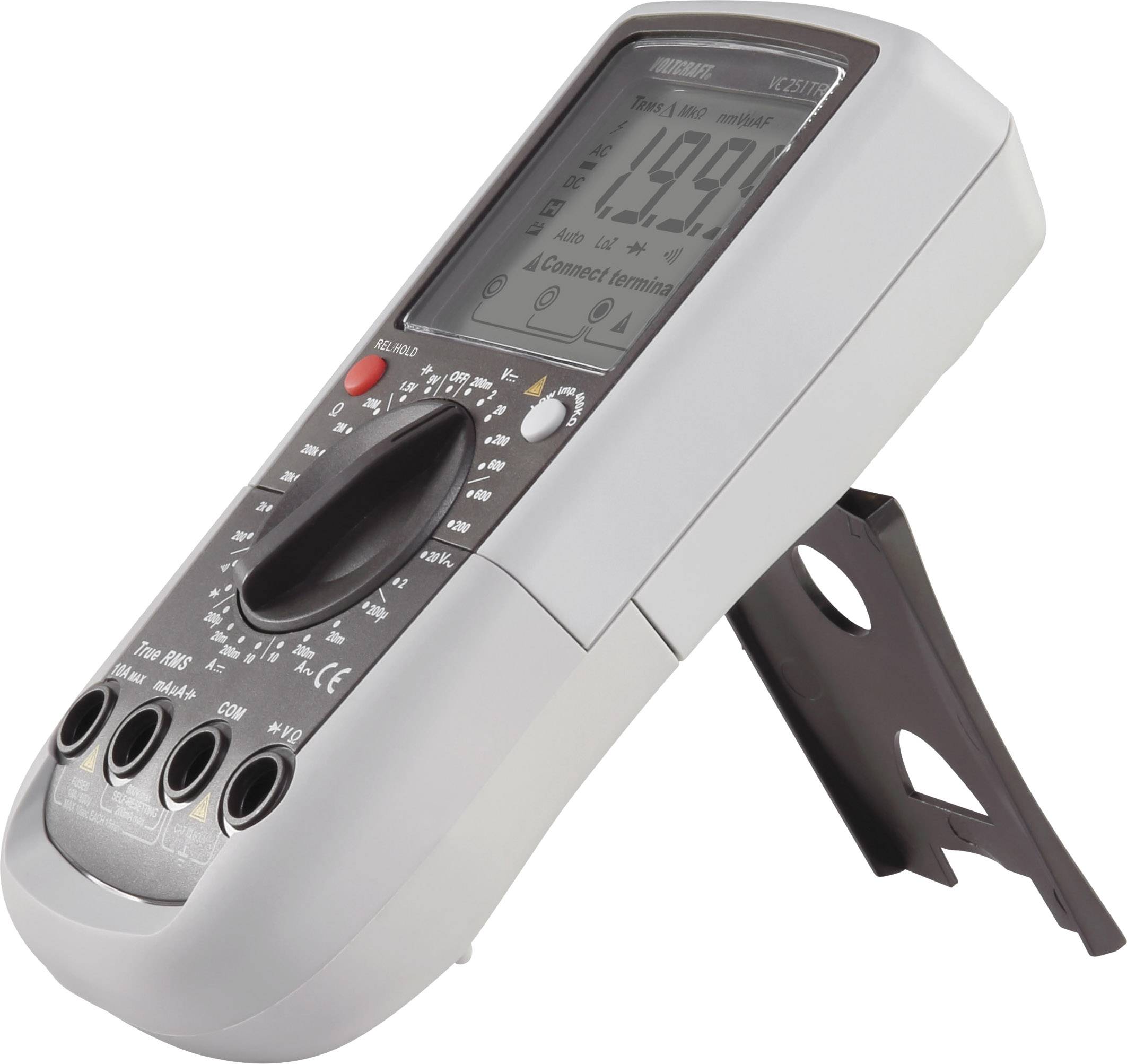 Ein digitales Multimeter steht auf einem Ständer. Das Display zeigt '19.91'. Es hat mehrere Anschlüsse und einen großen Funktionswahlschalter.