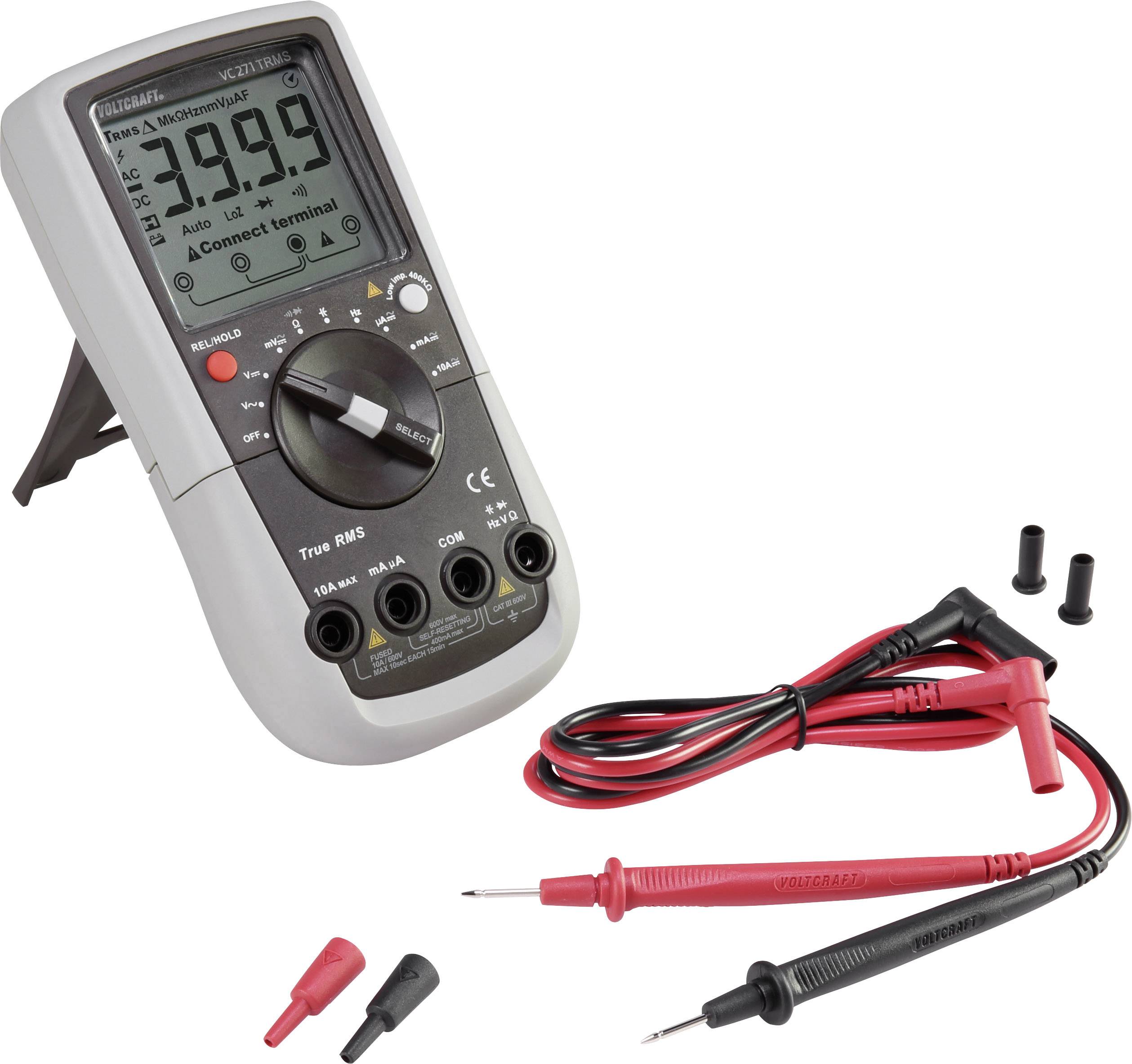 Digitalmultimeter mit Display, Drehschalter und Messleitungen. Zeigt '3999' an. Ideal für elektronische Messungen und Fehlerbehebung.