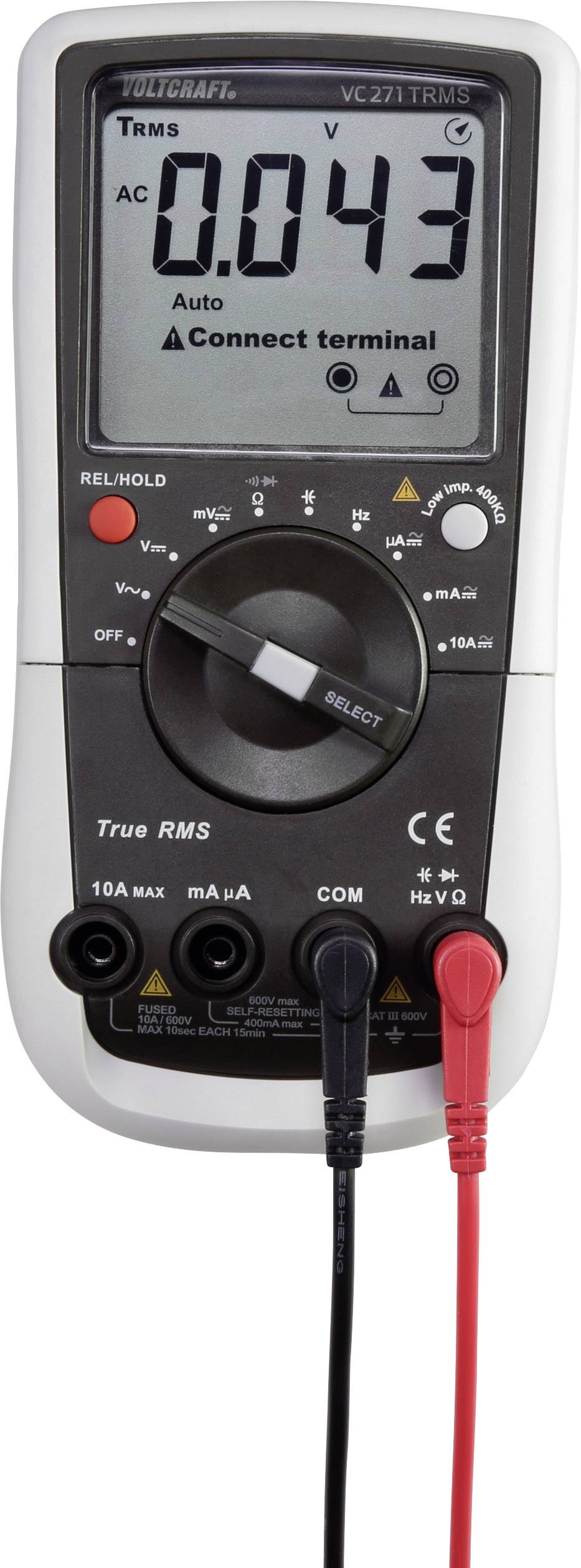 Ein digitales Multimeter zeigt '0,043 V AC' auf dem Display. Zwei Messleitungen sind eingesteckt. Gerät zur Spannungsmessung.