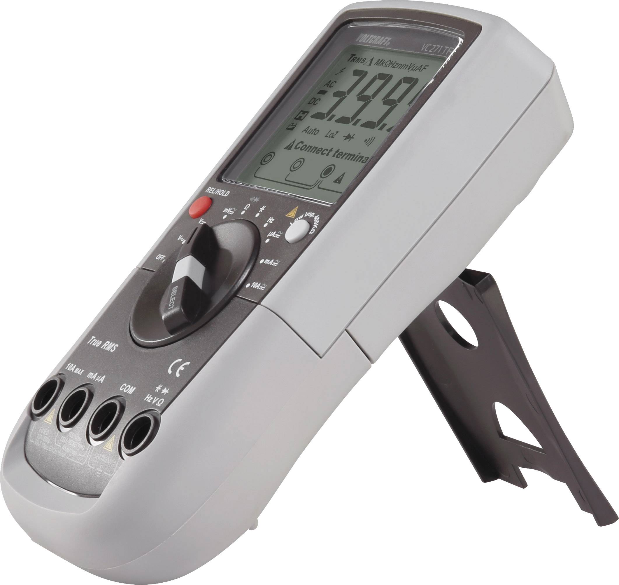 Digitales Multimeter in schräger Ansicht, zeigt auf dem Display den Messwert 799. Großer Drehknopf zur Einstellung, mehrere Anschlüsse unten.