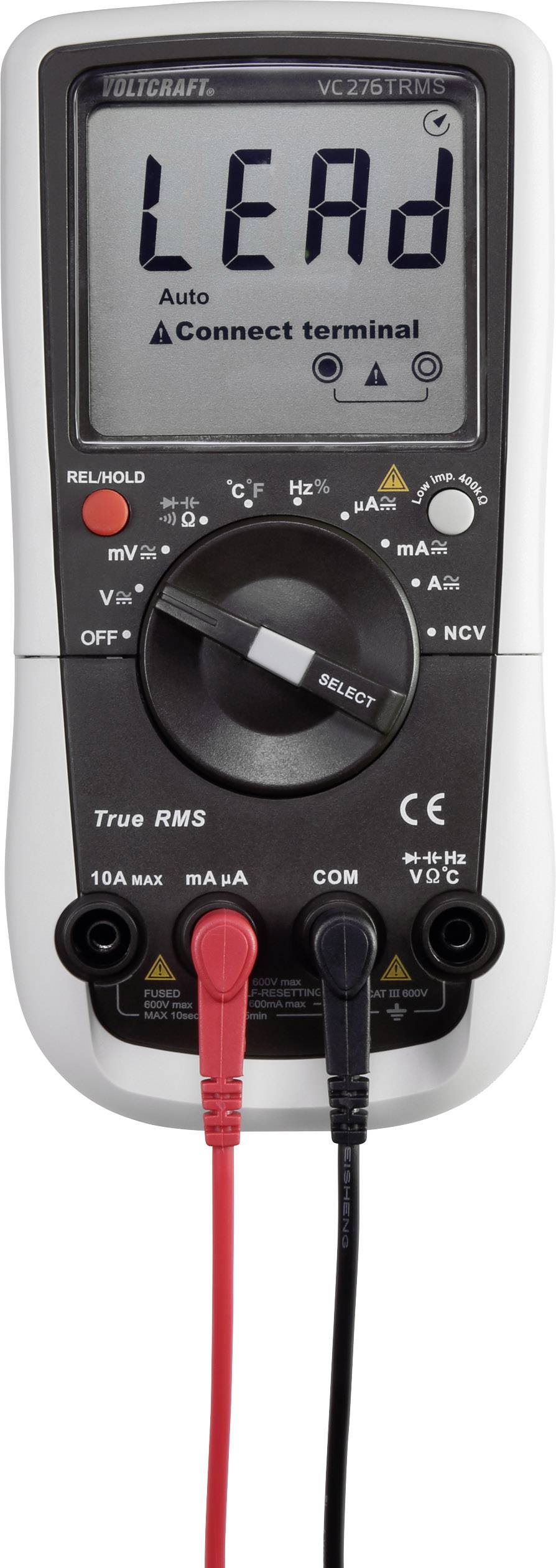 Ein digitales Multimeter mit einem Display, das 'LEAd' anzeigt. Zwei Messleitungen, eine rote und eine schwarze, sind angeschlossen.