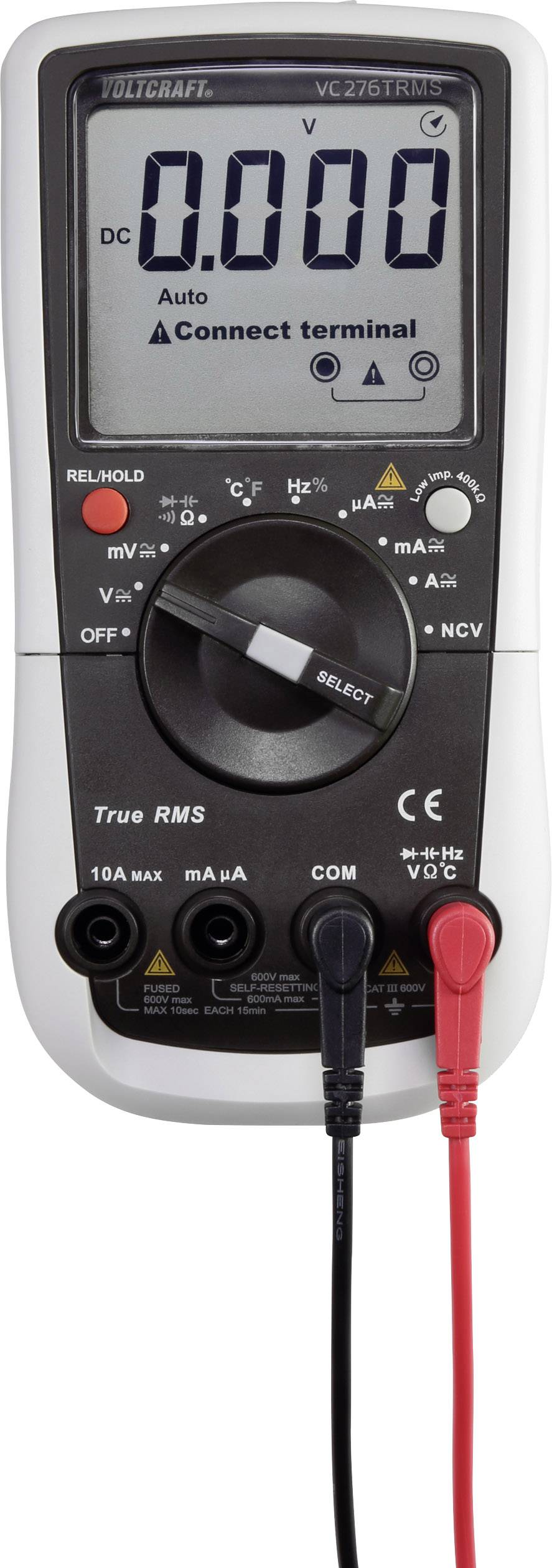 Ein digitales Multimeter mit Anzeige von '0.000' Volt und Verbindungsklemmen. Es hat verschiedene Messfunktionen und Anschlussbuchsen.