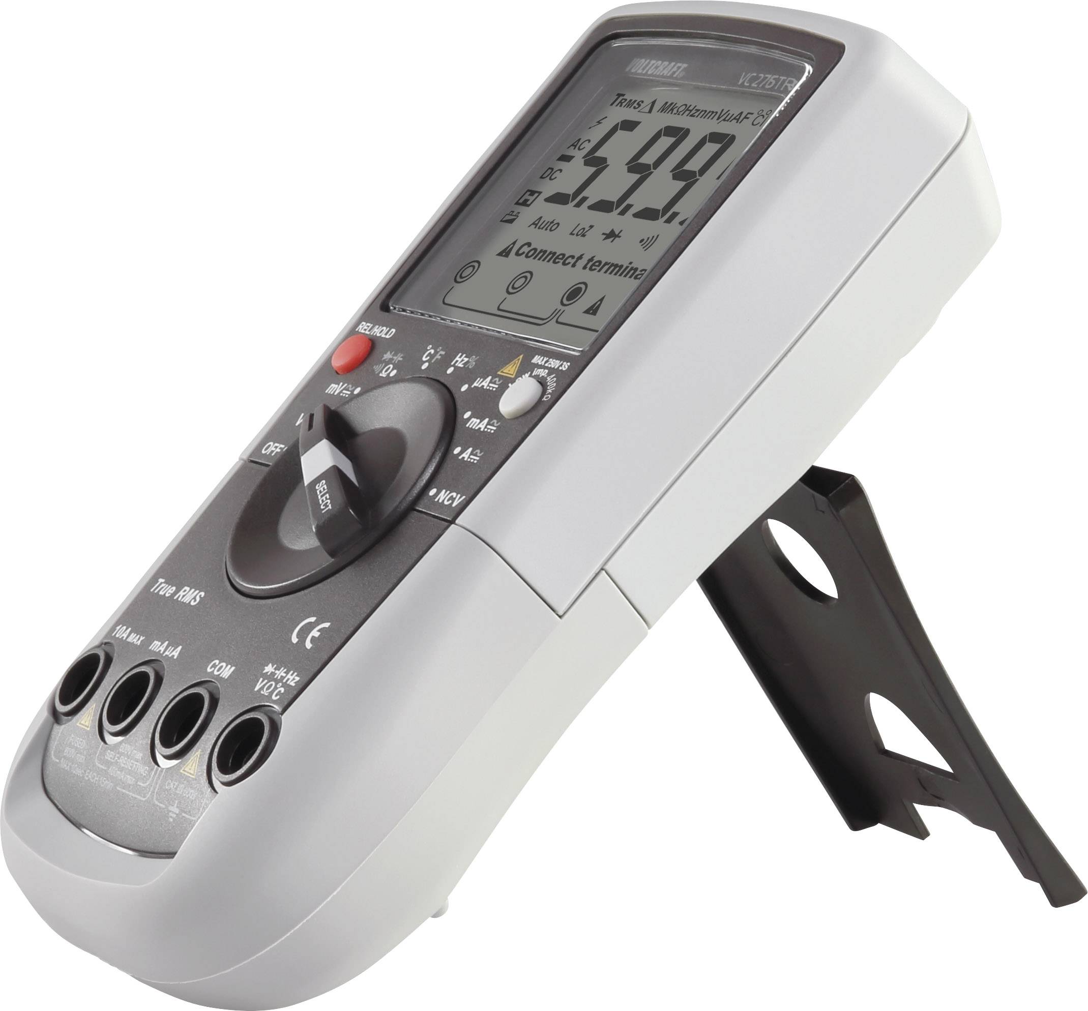 Digitalmultimeter in Seitensicht, zeigt 5,99 V auf dem Display an. Gerät steht auf einem ausklappbaren Ständer.