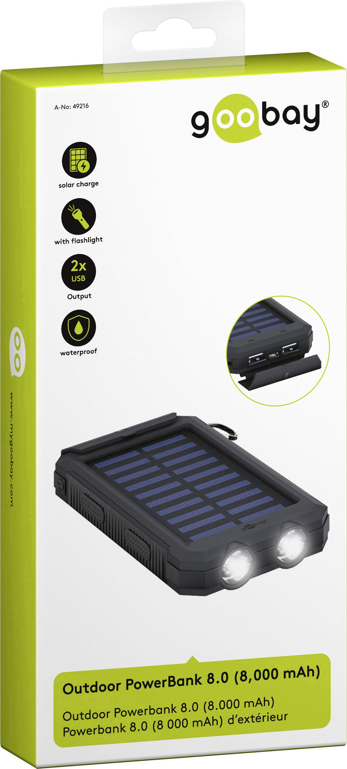 Goobay Outdoor 8.0 49216 Solar-Ladegerät Ladestrom Solarzelle 200mA 8000 mAh