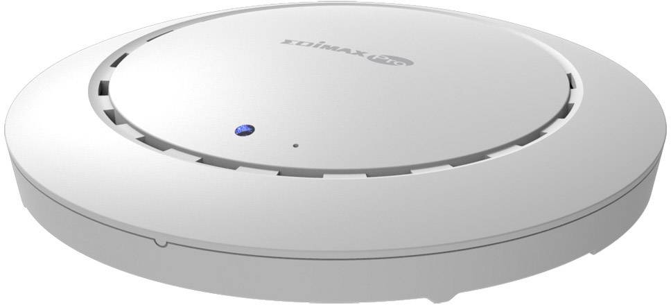 Runder, weißer WLAN-Access-Point mit einer kleinen blauen LED-Anzeige auf der Oberseite. Gerät von der Marke Edimax.