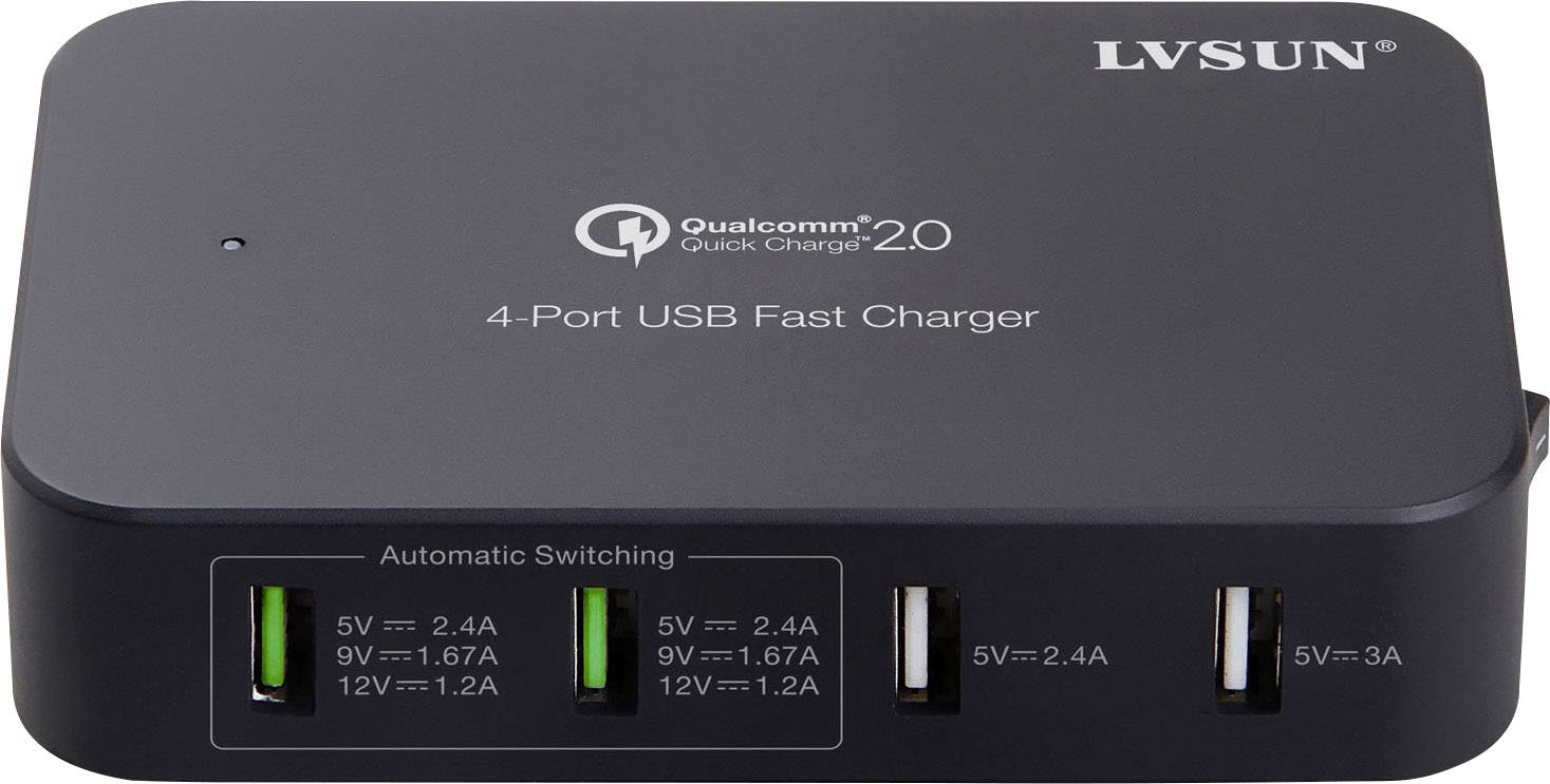LVSUN Smart 4-Port USB Ladestation 58W 4x USB-A Schwarz Steckdose, KFZ, LKW Qualcomm Quick Charge 2.0