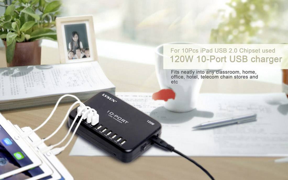 LVSUN 120W Smart 10-Port USB Ladestation 120W 10x USB-A Schwarz Innenbereich