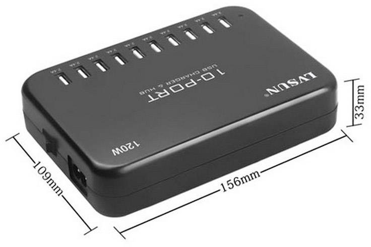 LVSUN 120W Smart 10-Port USB Ladestation 120W 10x USB-A Schwarz Innenbereich