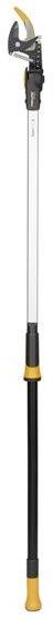 Garten-Teleskop-Astschere mit orangefarbenen und schwarzen Griffen, ideal zum Schneiden von Ästen in größerer Höhe.