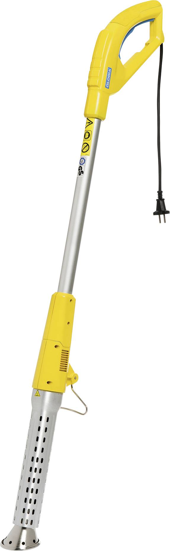 Gelber elektrischer Unkrautvernichter mit langem Griff und schwarzem Kabel. Geeignet zum umweltfreundlichen Entfernen von Unkraut.