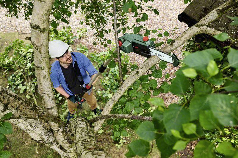 Person mit Schutzhelm verwendet eine elektrische Astsäge in einem Baum. Konzentriertes Arbeiten an dichten Ästen im Garten.