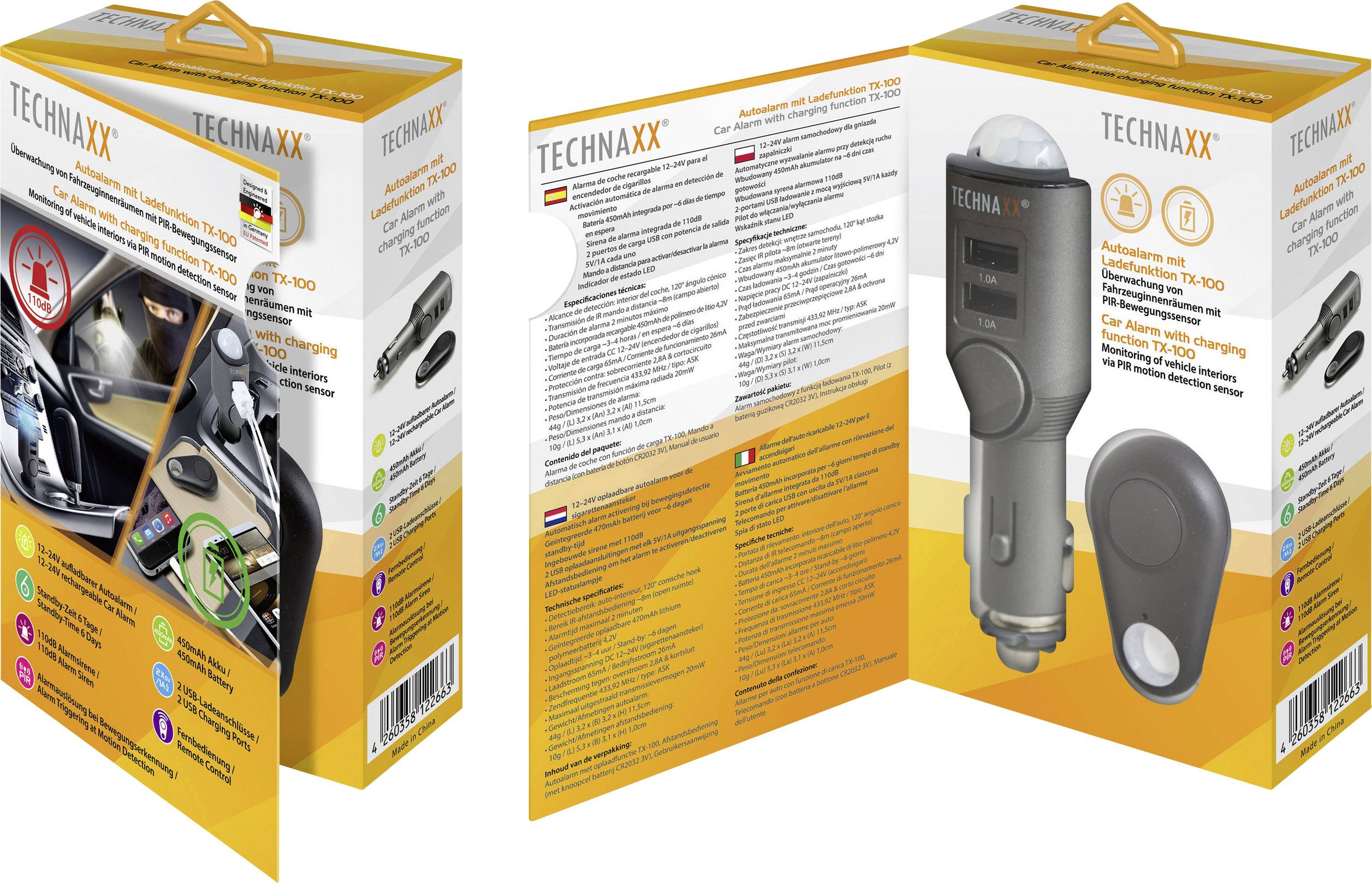 Technaxx TX-100 Auto Alarmanlage Fernbedienung, Innenraumüberwachung 12 V, 24 V