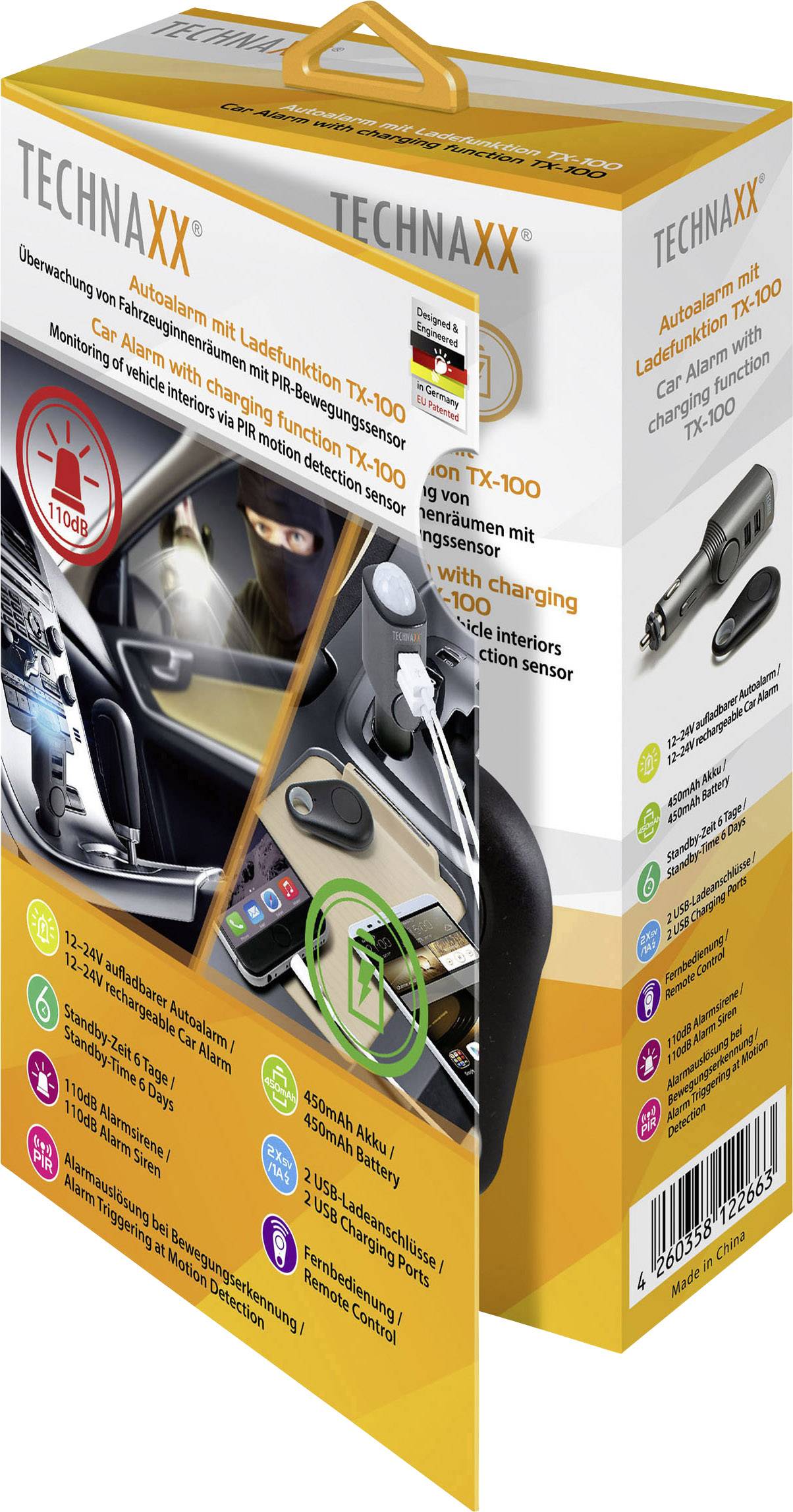 Technaxx TX-100 Auto Alarmanlage Fernbedienung, Innenraumüberwachung 12 V, 24V