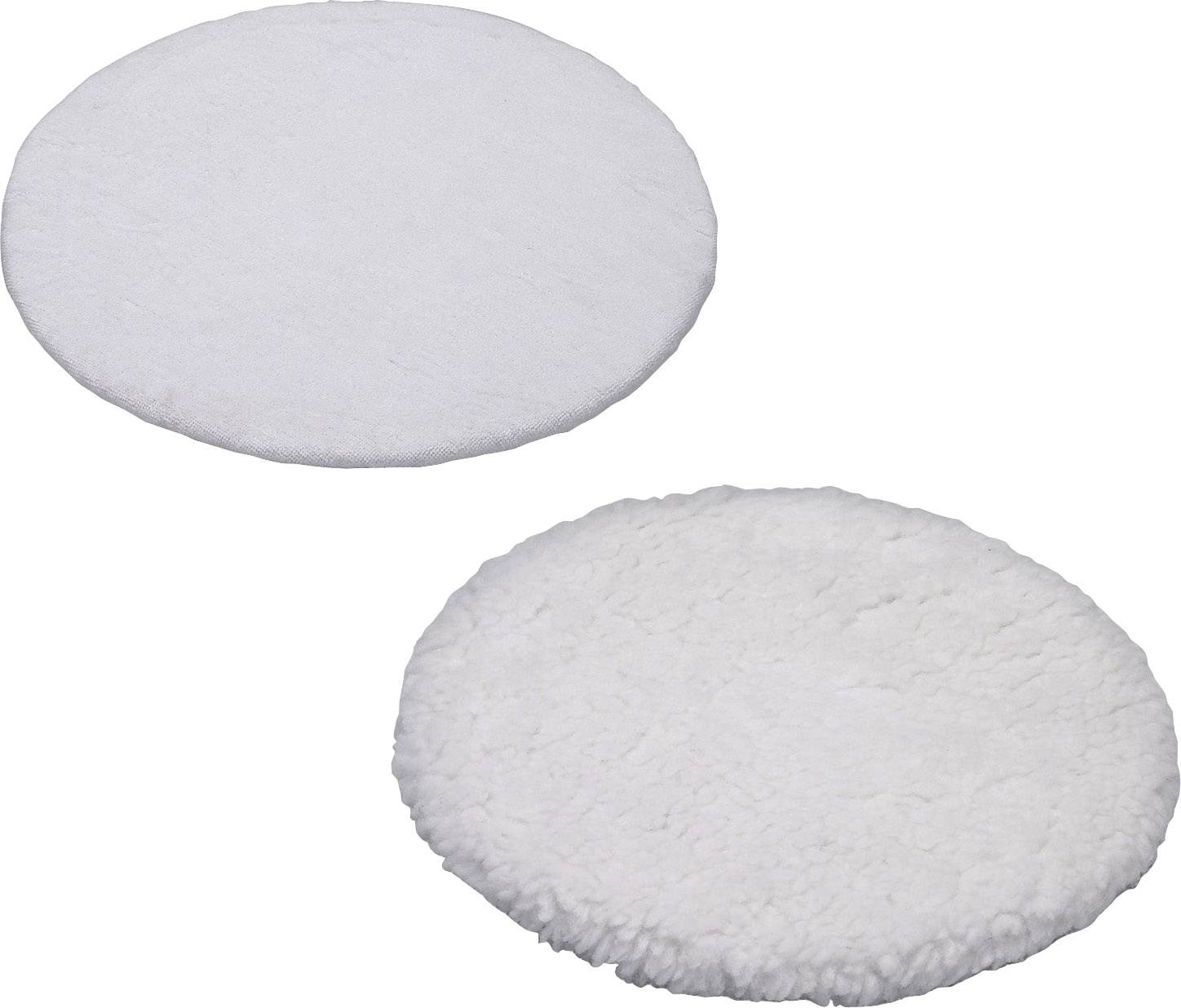 Zwei runde, weiße Polierpads aus weichem Material, vermutlich zur Reinigung oder Pflege von Oberflächen.