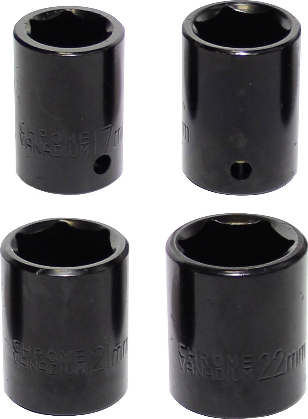 Vier schwarze Steckschlüssel, jeweils mit den Größenangaben '7 mm' und '22 mm' auf der Oberfläche eingeprägt.