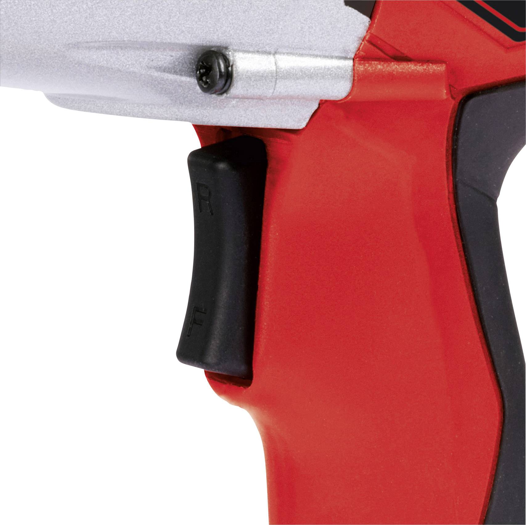 Ein roter Akkubohrschrauber mit einem schwarzen Griff und einem silbernen Bohrkopf ist aus der Nähe zu sehen.