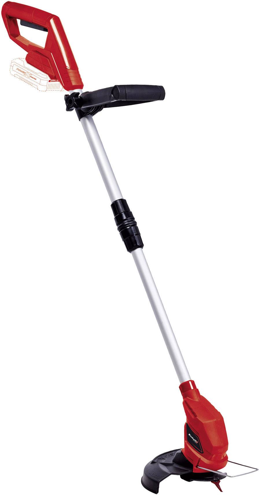 Roter und schwarzer Rasentrimmer mit ergonomischem Griff und Schutzbügel, geeignet zum Schneiden von Gras an schwer erreichbaren Stellen.