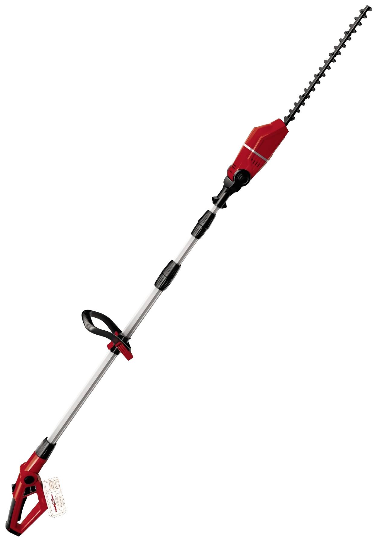 Eine rote Teleskop-Heckenschere mit langen Griff und schwarzem Handgriff, geeignet zum Schneiden hoher Hecken.