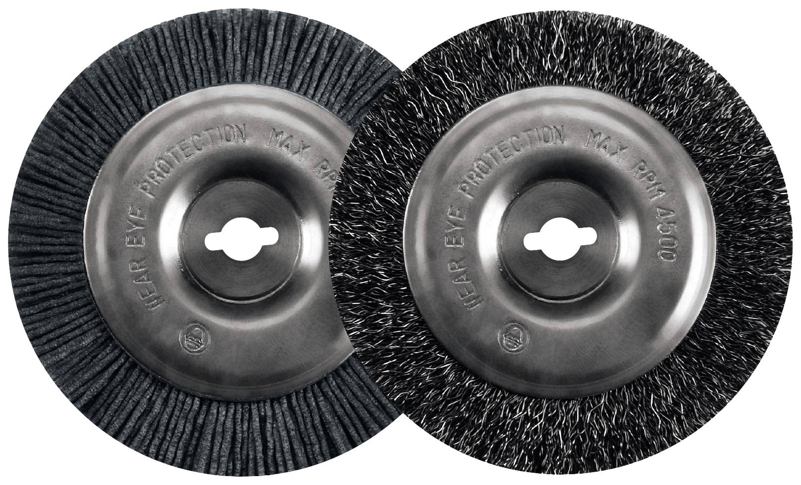 Zwei Drahtbürstenaufsätze mit unterschiedlicher Dichte und Borstenstruktur, geeignet zur Oberflächenreinigung und -bearbeitung.