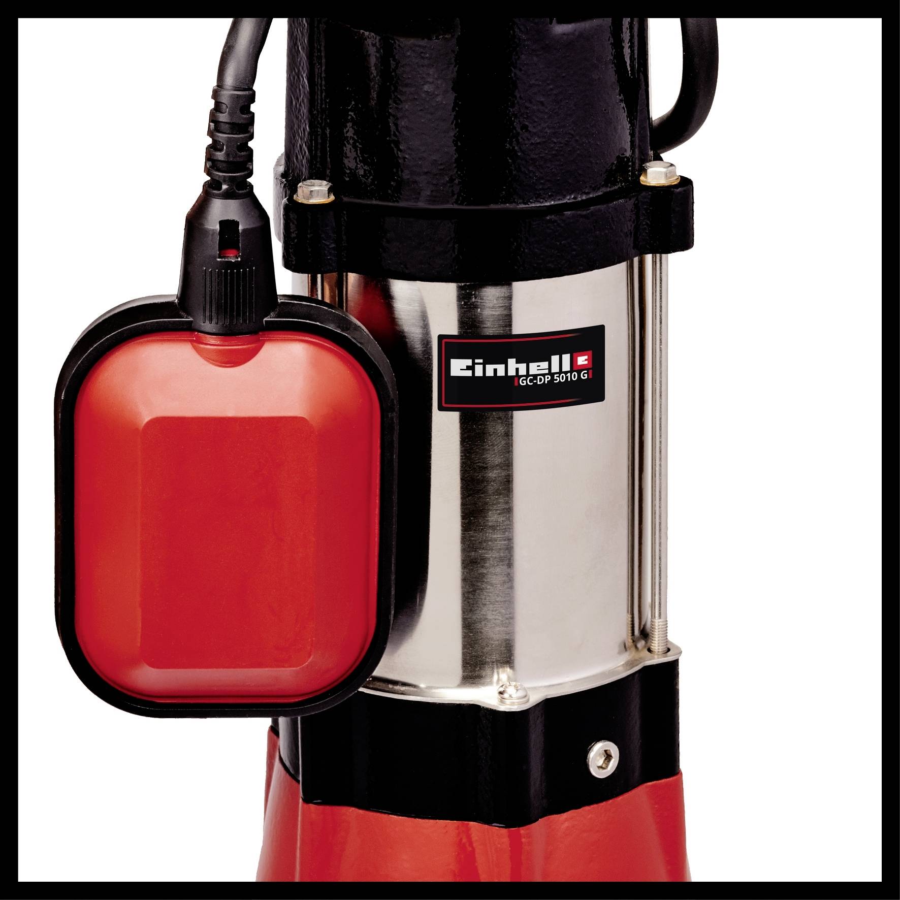 'Einhell GC-DP 5010 G' Tauchpumpe mit rotem Schwimmerschalter und schwarzem Gehäuse, geeignet zur Wasserabsaugung.