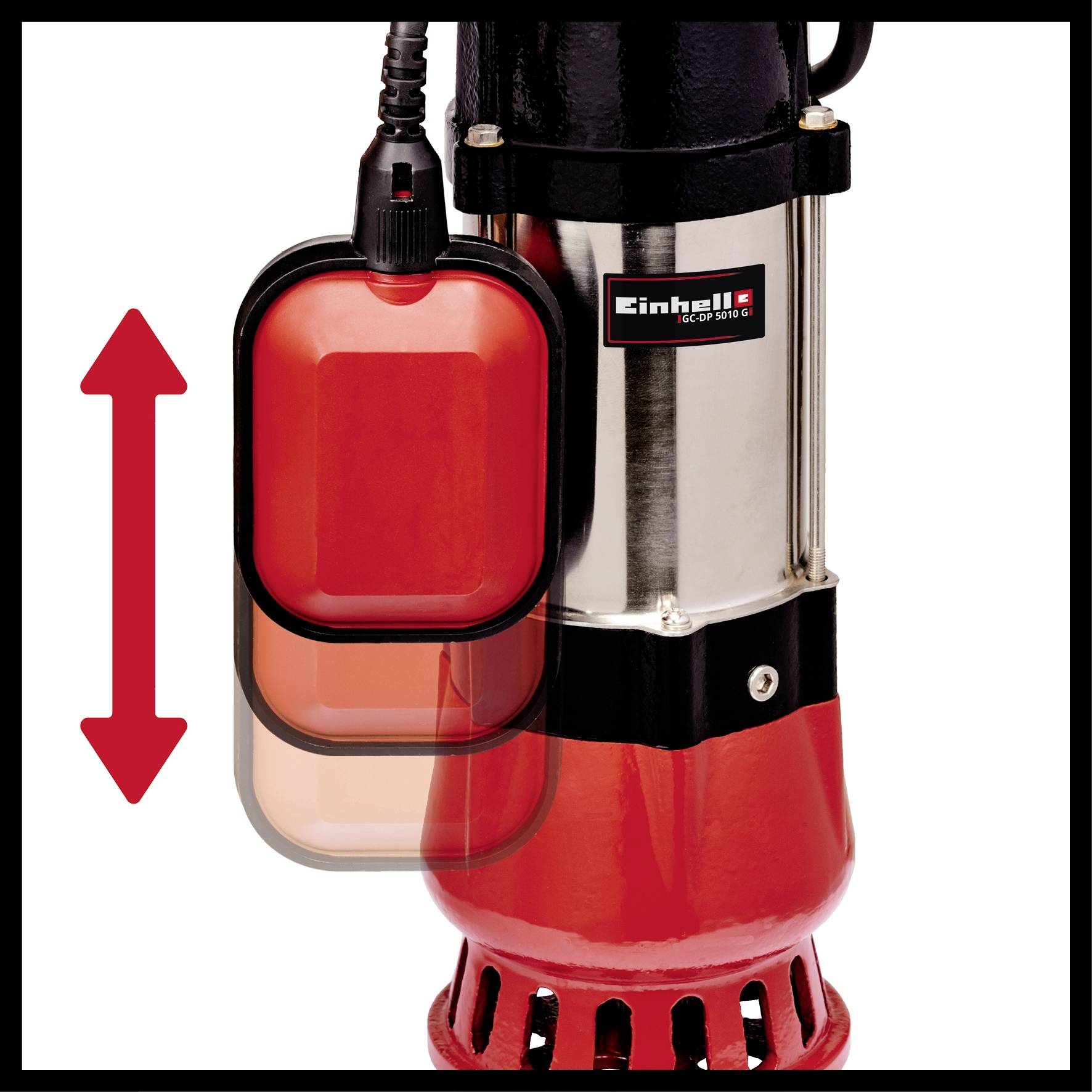 'Hoch/Tief'-Schalterpumpe mit rotem Schwimmer an der linken Seite. Pumpe hauptsächlich schwarz mit roten und silbernen Akzenten.