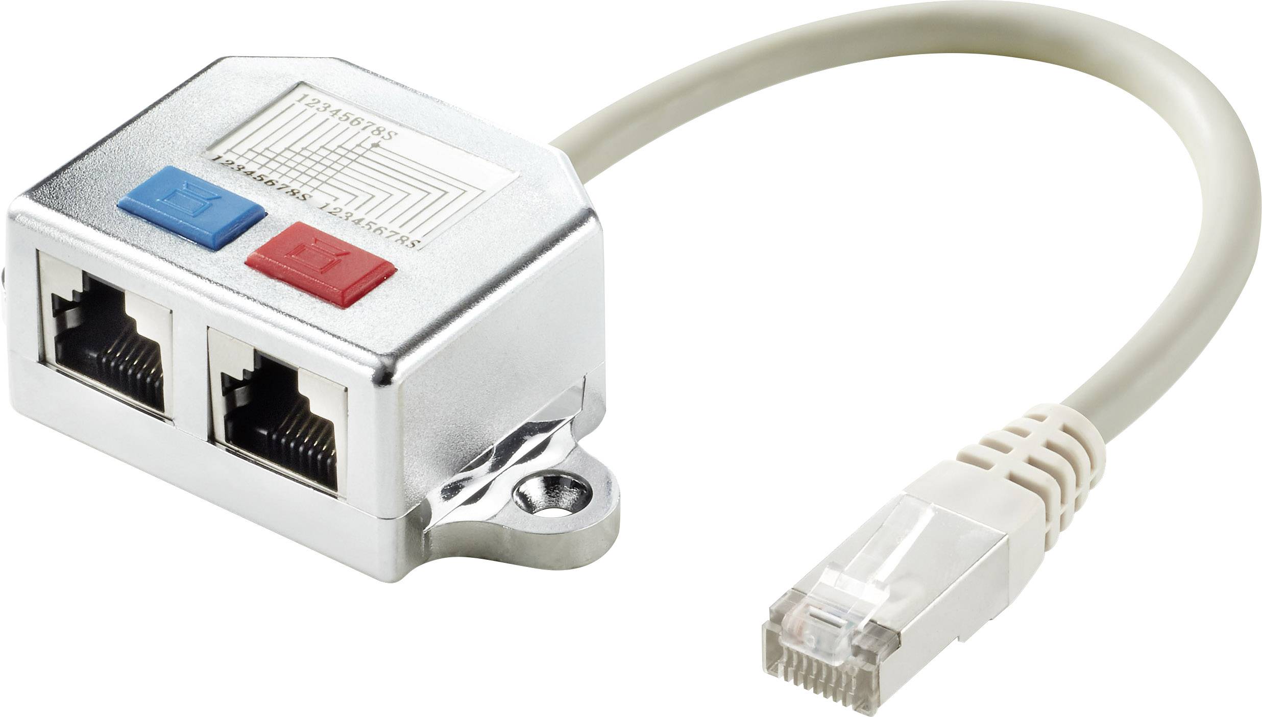 Doppelte RJ45-Netzwerksteckdose mit Ethernet-Kabel, geeignet für Home-Office-Verbindungen.
