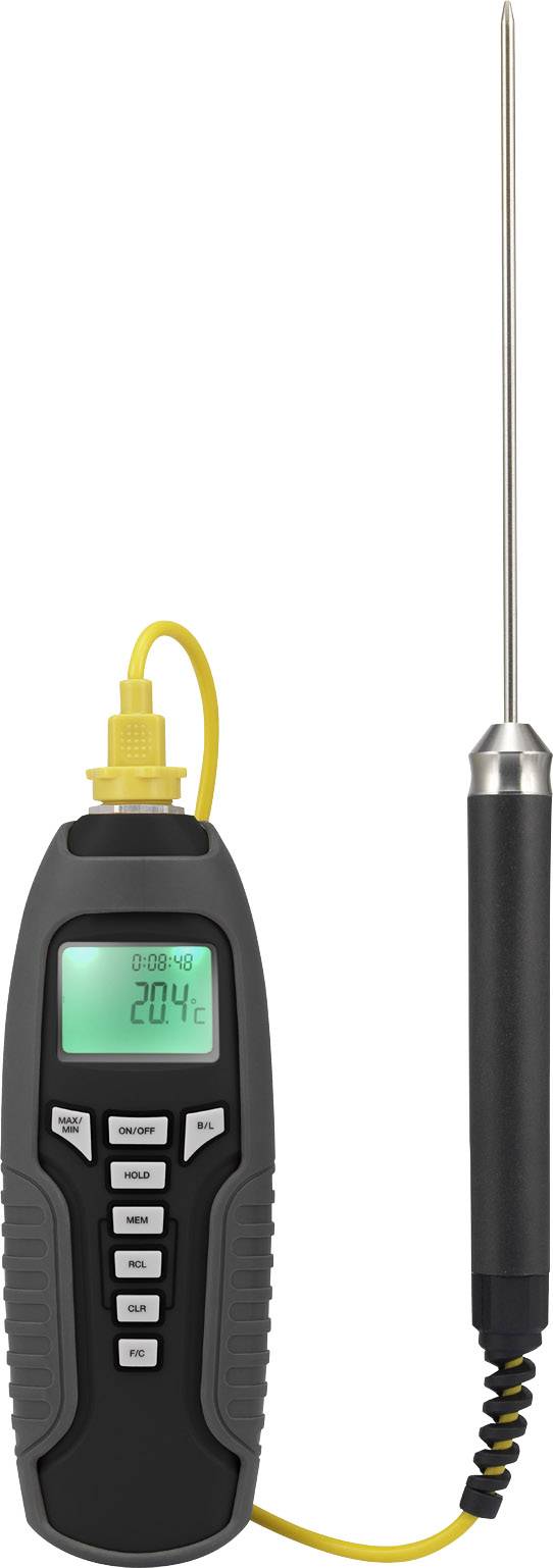 Ein digitales Thermometer mit Sonde, zeigt 20,4 Grad Celsius auf einem grünen Display an. Geeignet für Temperaturmessungen.