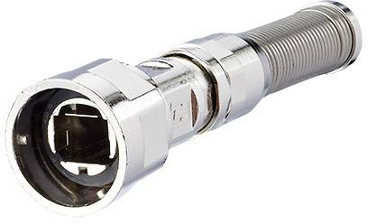 Metallischer Koaxialstecker mit geriffeltem Griff und offenem Anschlussende, verwendet für Kabelverbindungen in der Elektronik.