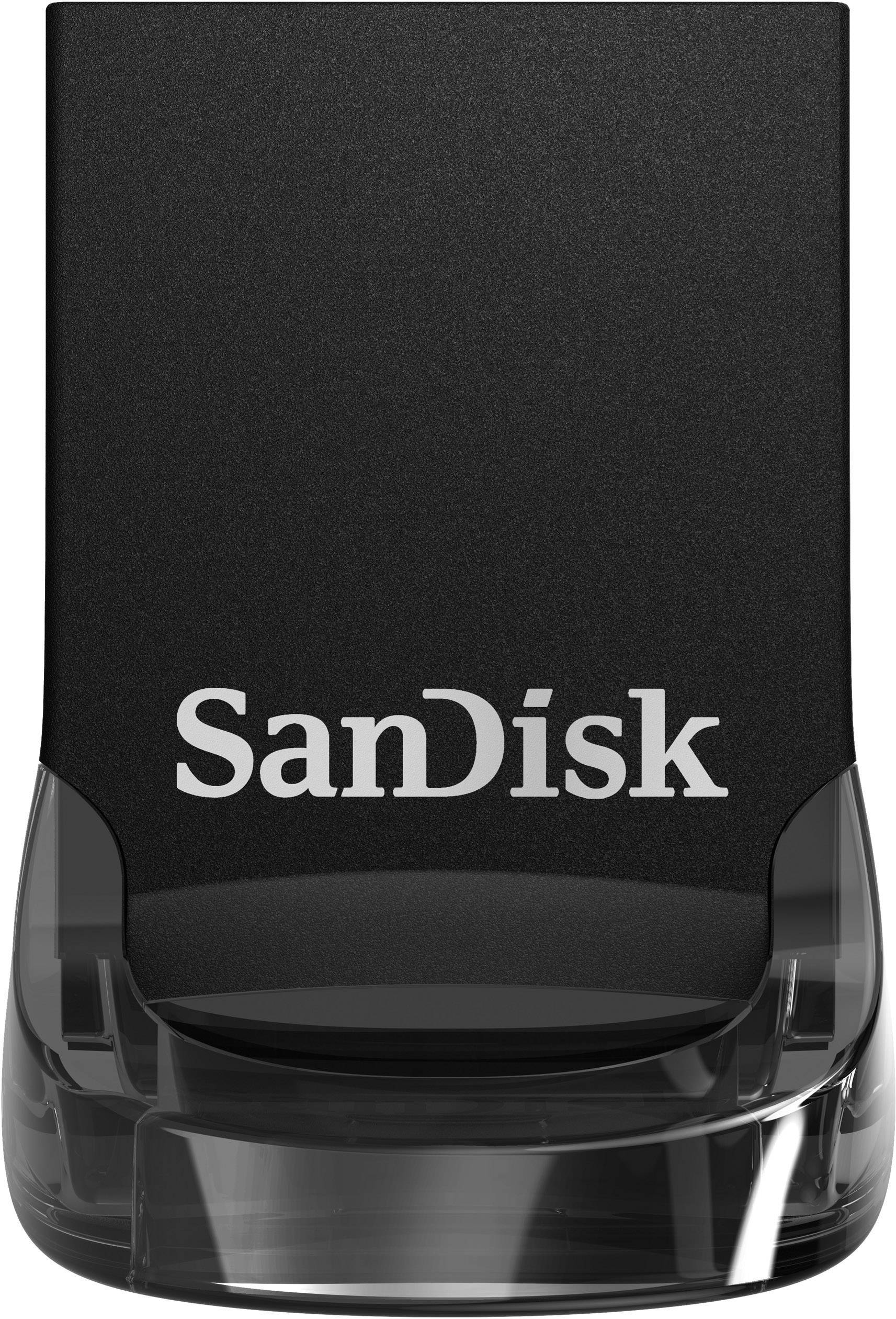 Ein kleiner, schwarzer USB-Stick der Marke SanDisk mit transparentem Anschluss.