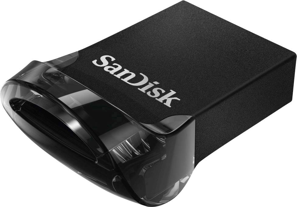 Ein schwarzer, kompakter SanDisk-USB-Stick mit einer transparenten Schutzkappe auf der einen Seite, die das Verbindungsstück schützt.