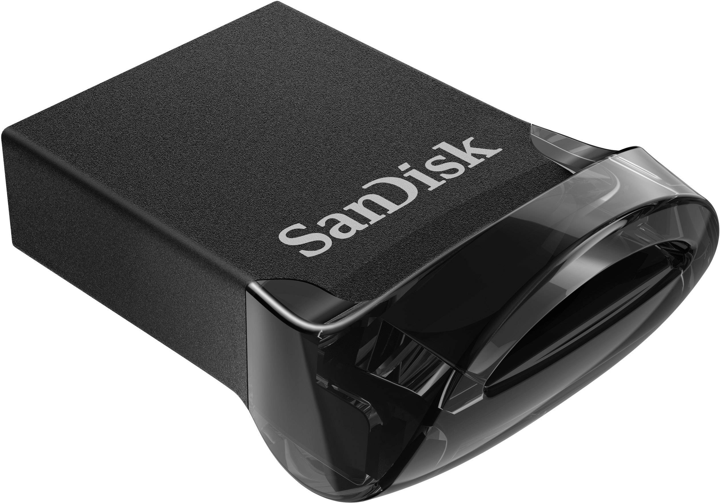 Schwarzer SanDisk USB-Stick mit abgerundetem Design, schwarzes Gehäuse und transparente Steckverbindung.