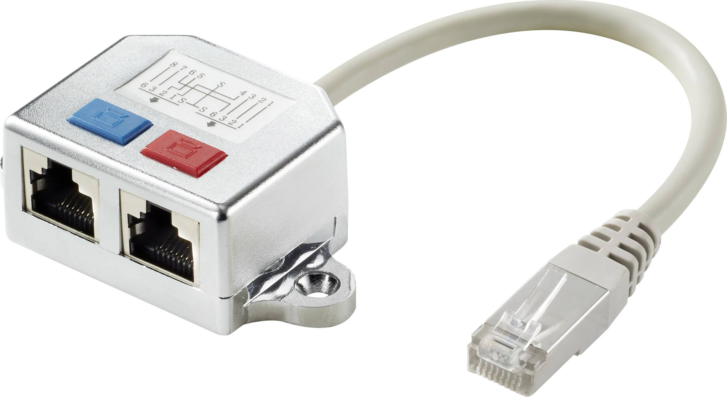 Netzwerk-Verteileradapter mit zwei Ethernet-Anschlüssen und einem RJ45-Stecker, geeignet für Datenübertragung in Netzwerken.