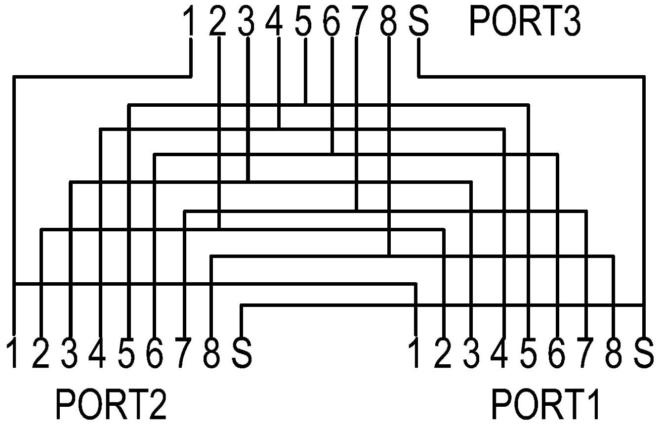 Verschaltungsdiagramm: Zeigt die interne Verbindung zwischen PORT2, PORT3 und PORT1, nummeriert von 1 bis 8 mit gemeinsamer Linie S.