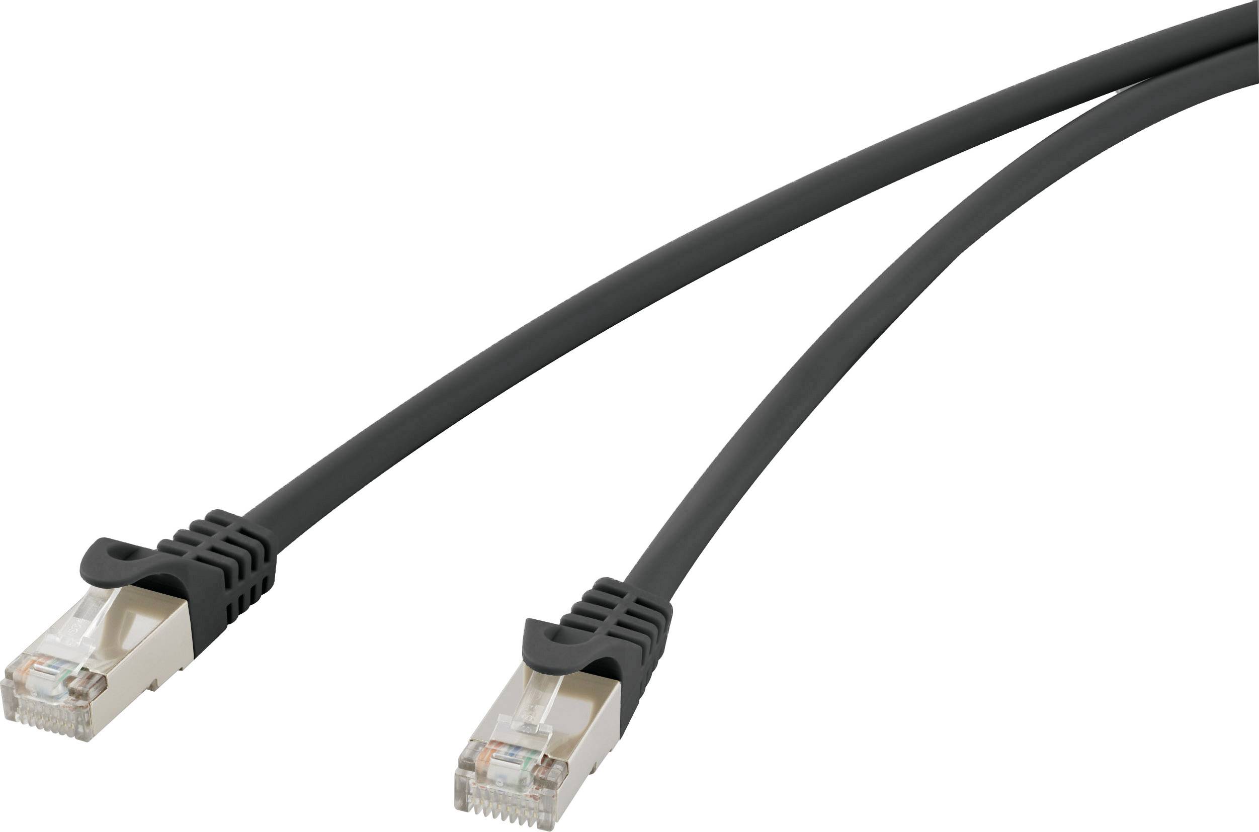 Zwei schwarze Ethernet-Kabel mit durchsichtigen Steckern, die in entgegengesetzte Richtungen zeigen.
