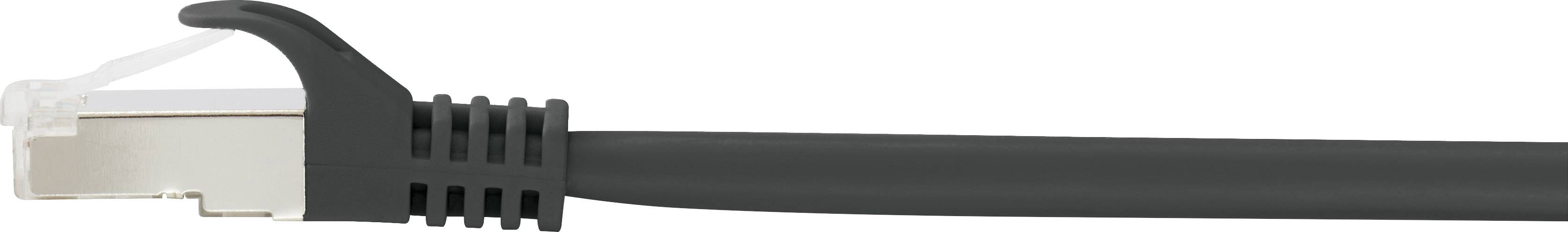 Schwarzes Ethernet-Kabel mit Stecker, zeigt den Plastikclip zur Befestigung, auf weißem Hintergrund.