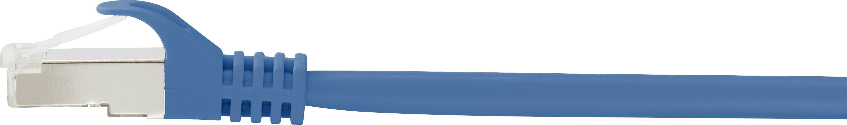 Ein blauer Ethernet-Kabelstecker mit Kunststoff-Abdeckung, der für Netzwerkverbindungen verwendet wird.