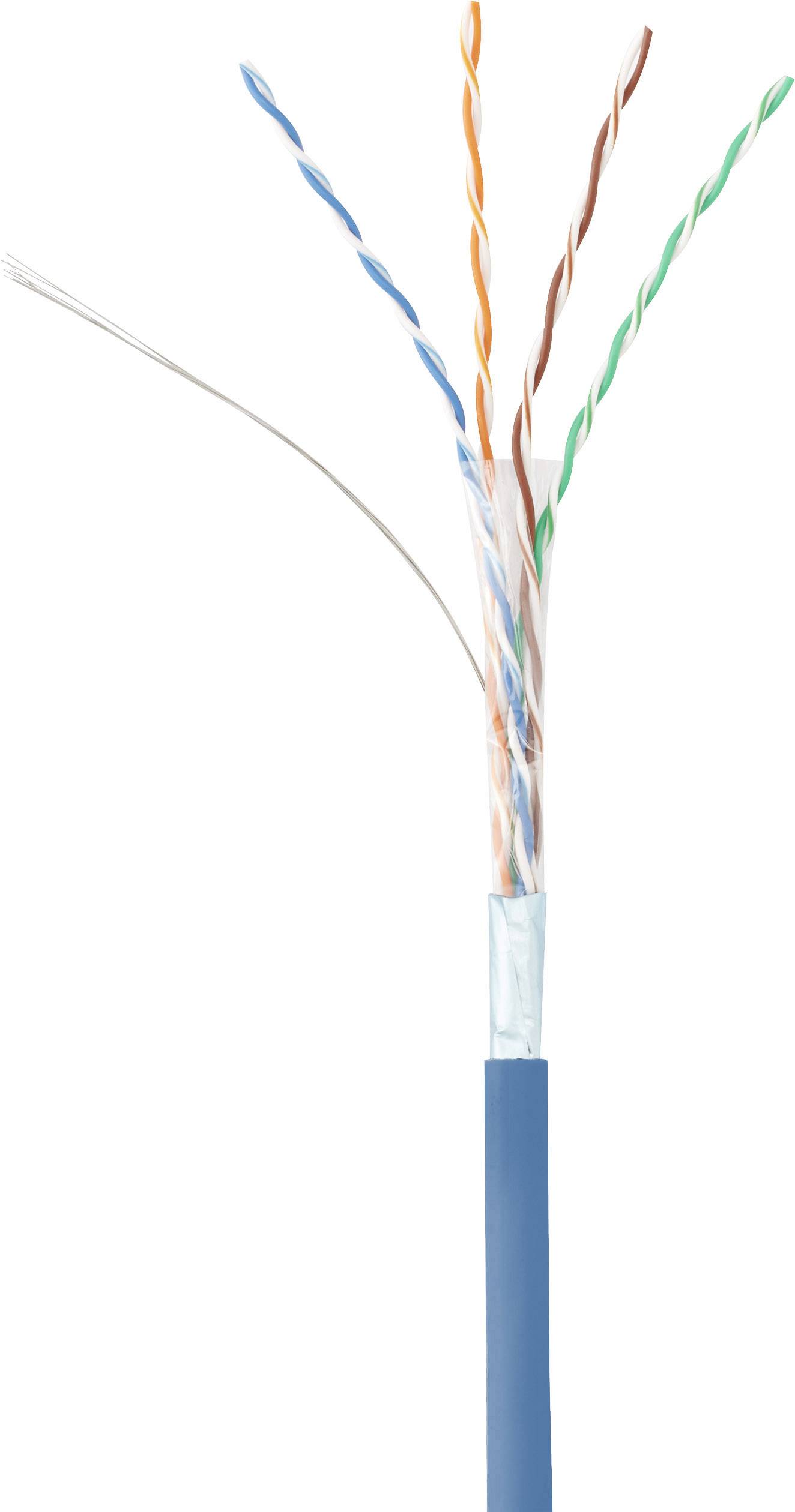 Ein offenes Netzwerkkabel mit vier verdrillten Drahtpaaren in den Farben Blau, Orange, Grün und Braun, das Signalübertragung ermöglicht.