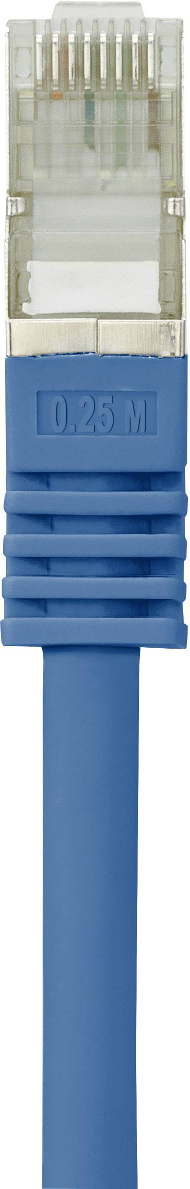 Ein blauer Ethernet-Kabelstecker mit sichtbaren Metallverbindungen an der Spitze, verwendet für Netzwerkanbindungen.